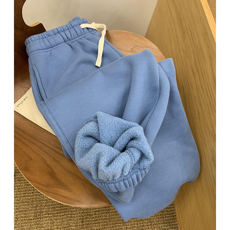 蓝色加绒松紧腰抽绳束脚运动裤女早春新款加厚保暖休闲直筒裤长裤