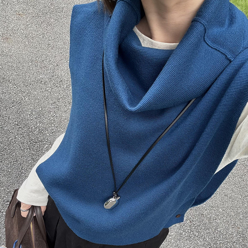 气质蓝色堆堆领无袖毛衣背心女冬季新款叠穿宽松软糯设计感小马甲