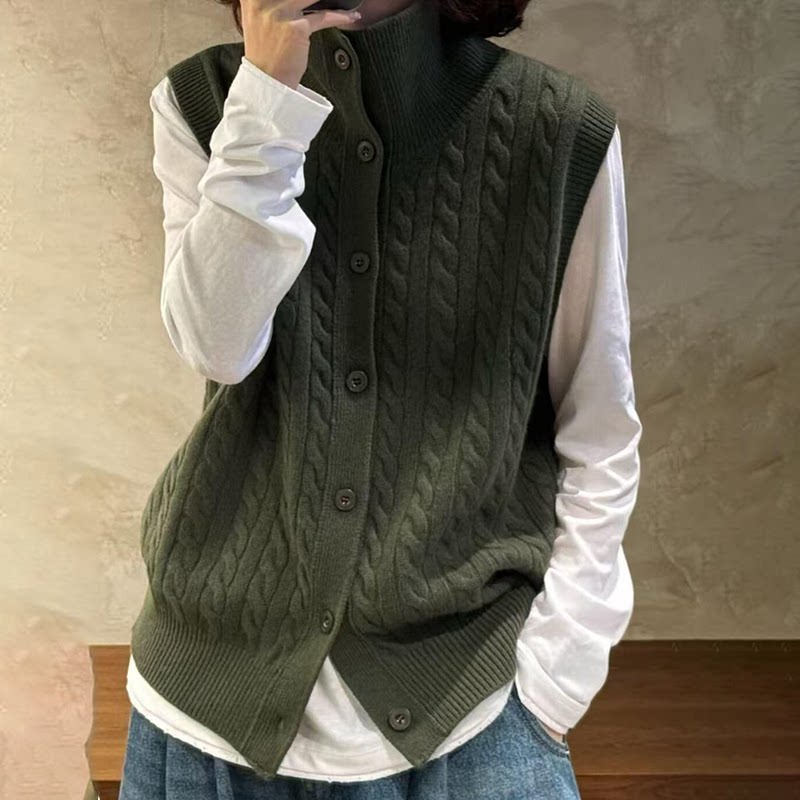 复古绿色高领排扣麻花背心女秋季