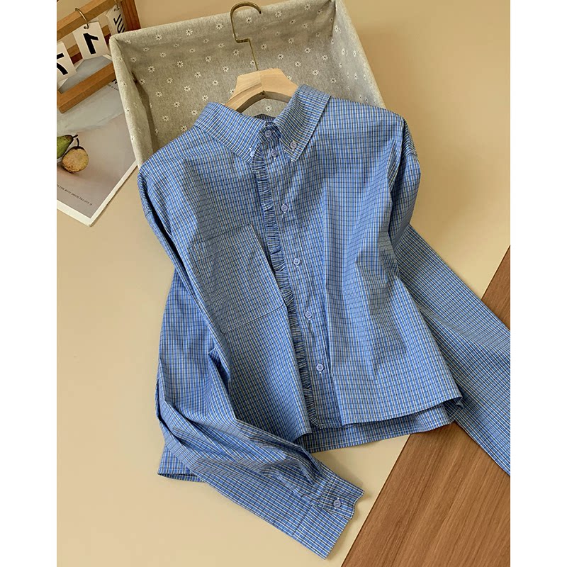 无D推荐！蓝色细格子花边翻领单排扣衬衫春季设计感韩系宽松衬衣