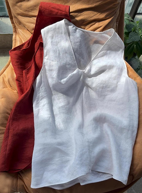 现货】极简风白色V领无袖扭结棉麻透气感背心女夏季时髦坎肩上衣