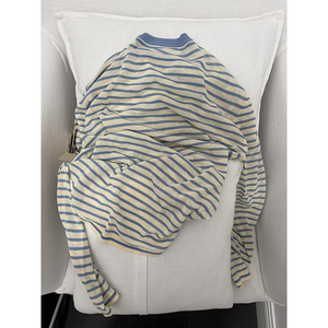 糟了的好喜欢！纸片人蓝色条纹圆领薄针织T恤早春新款薄款打底衫