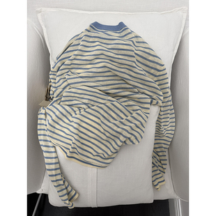 打底衫 糟了 薄款 纸片人蓝色条纹圆领薄针织T恤早春新款 好喜欢