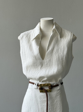 现货】高端白色无袖翻领V领亚麻背心女夏季空气感棉麻坎肩小上衣