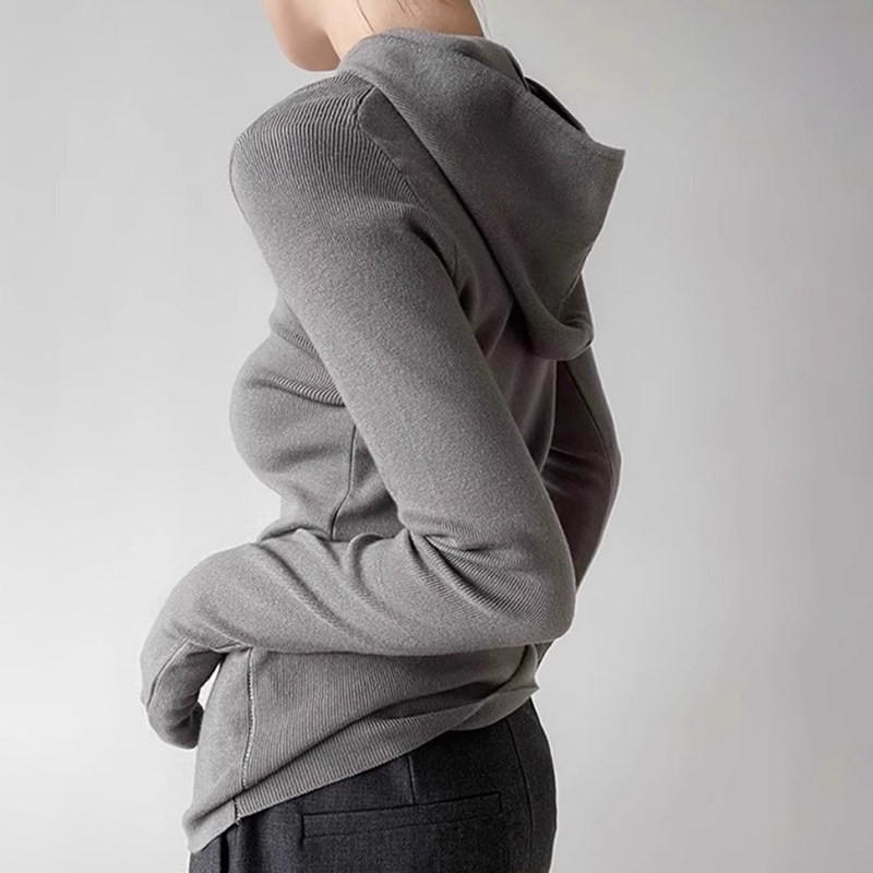 【现货！】灰色修身连帽针织衫女2026年秋季复古慵懒风毛衣款卫衣