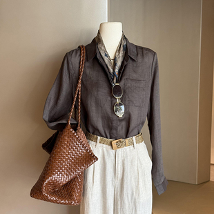 【现货】老钱风复古深咖色亚麻翻领单排扣衬衫女秋季贴袋通勤衬衣
