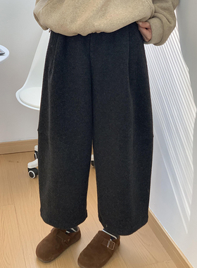 老钱风黑灰色压褶弯刀阔腿八分裤冬季保暖垂感百搭休闲直筒遛弯裤