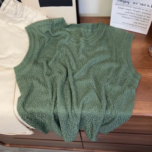 复古苔藓绿圆领针织背心秋季新款