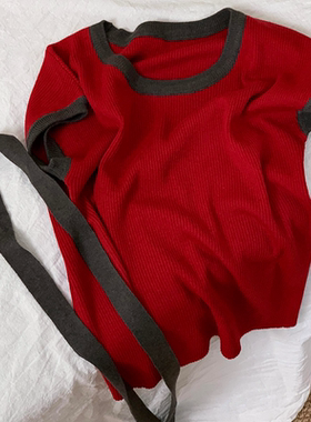 现货】反手就是一个赞~2026夏季红色U领含飘带针织衫撞色冰丝短袖