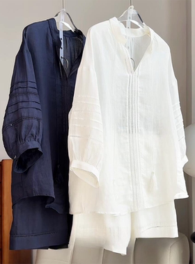 【现货】法式白色V领镂空七分袖亚麻防晒衬衣女夏季苎麻高端衬衫