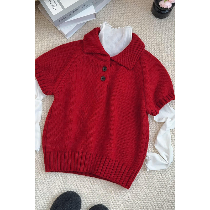 红色翻领三粒扣粗针短袖毛衣女冬季新款单穿叠穿设计感百搭针织衫,女装/女士精品,羊绒衫,淘宝优惠券,粉丝福利购,淘宝优惠卷
