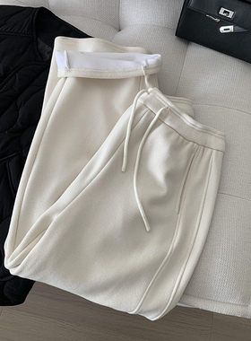 白色高腰抽绳加绒阔腿直筒镰刀裤女冬季新款运动风休闲百搭遛弯裤