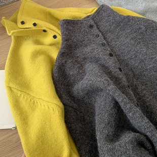 格雷系深灰色单排扣立领毛衣外套冬季新款高质量百搭通勤针织开衫