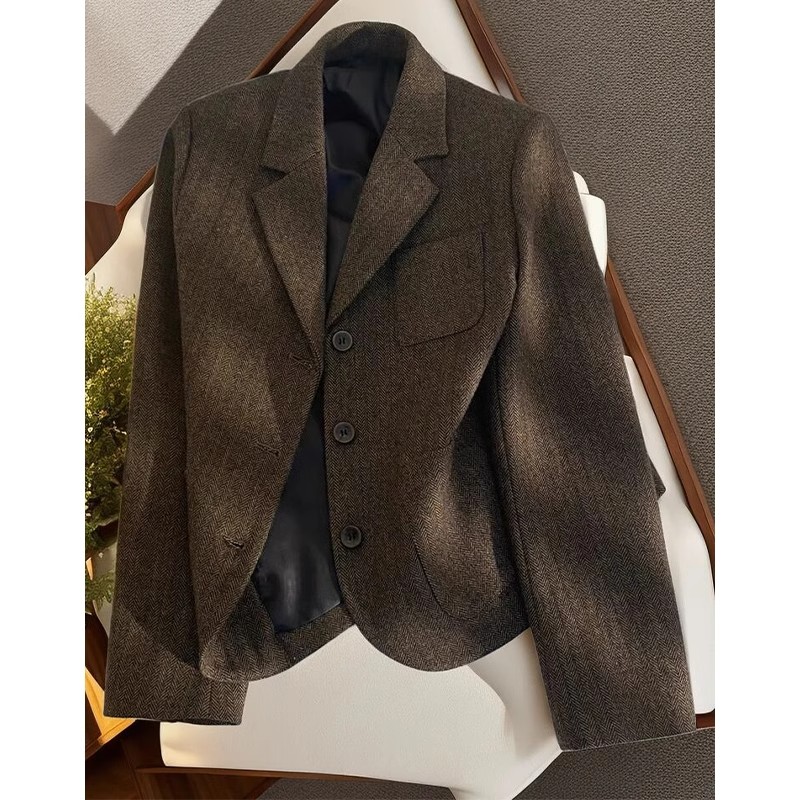 巴恩风棕咖色毛呢西装外套女西服