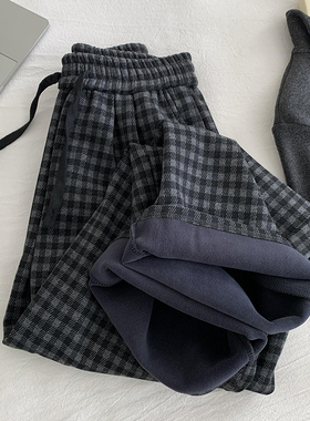 韩系灰色格子加绒绑带阔腿直筒裤女2026年早春新款垂感韩系休闲裤