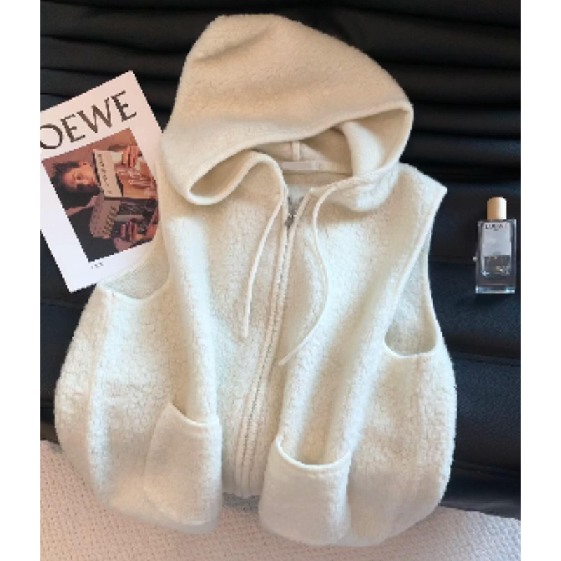 闭眼入系列！米白色拉链连帽毛圈背心马甲早春新款叠穿百搭小外套