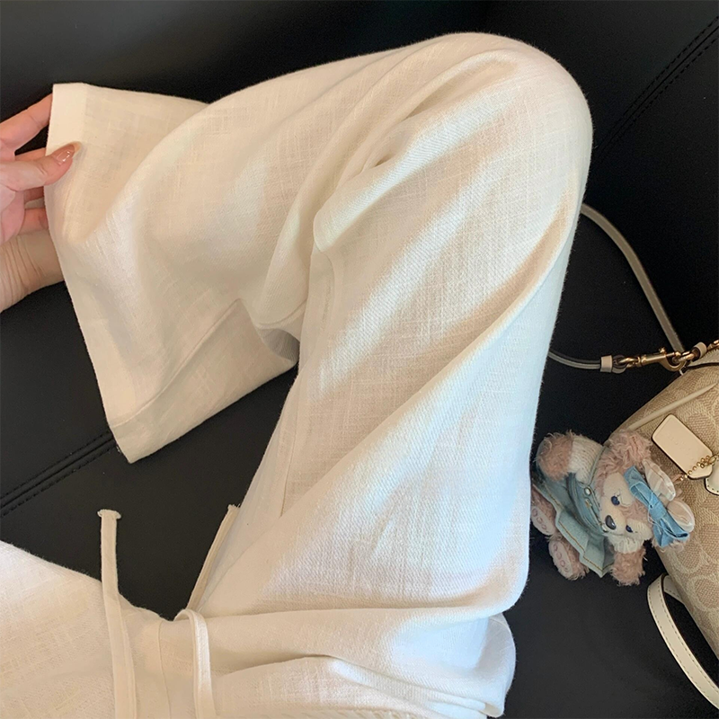 白色棉麻松紧腰阔腿直筒裤春季新