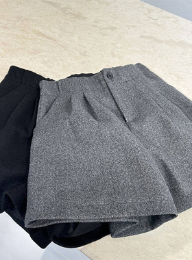 高级感灰色高腰A字阔腿靴裤早春新款压褶显瘦遮胯高质量毛呢短裤