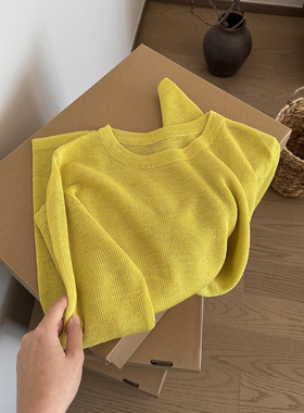 现货】显白柠檬黄色圆领罩衫女早春镂空高级感显瘦透气休闲风上衣