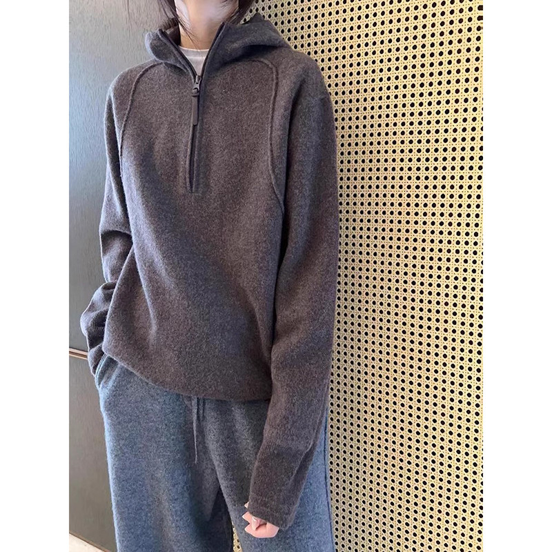 【现货】灰色半拉链连帽卫衣女2026年秋冬季宽松德绒明线套头帽衫