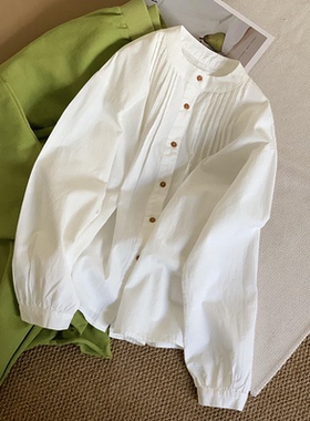 现货】日系白色小立领风琴褶亚麻衬衫女早春百搭减龄棉麻防晒衬衣
