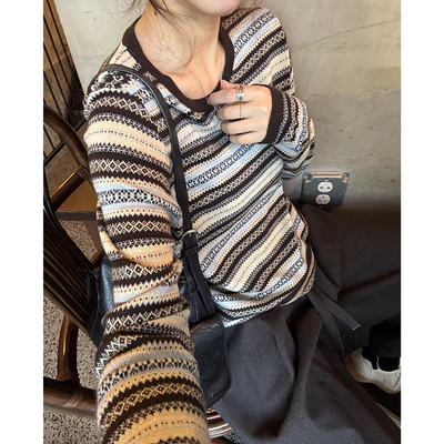 撞色条纹提花圆领薄针织T恤春季