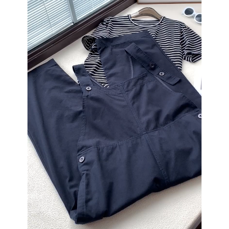 新款棉麻藏青色背带裤阔腿连体裤