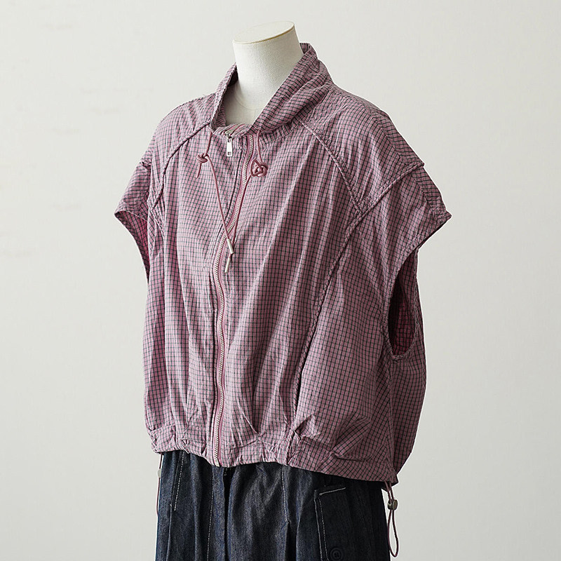 CHAO级推荐！工装风豆沙粉格子立领拉链马甲女春季宽松单穿空调衫