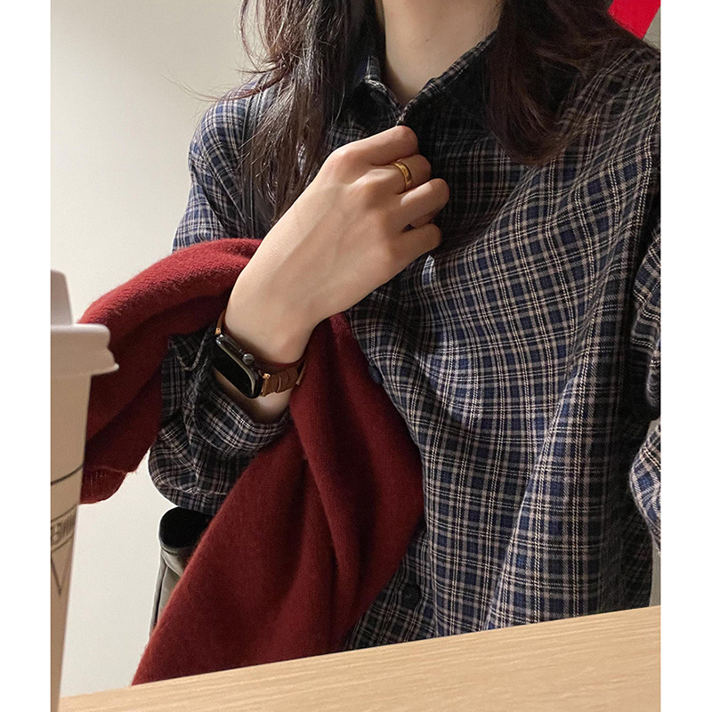 超神级穿搭！韩系细格子翻领单排扣衬衣外套早春新款宽松单穿衬衫