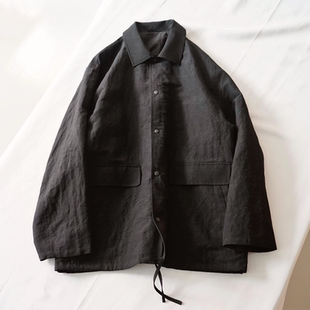 CHAO级穿搭!黑色亚麻混纺翻领抽绳外套女春季新款单排扣夹克开衫