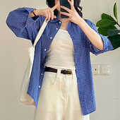 小清新蓝色格子翻领单排扣衬衫 外套早春新款 百搭气质单穿宽松衬衣