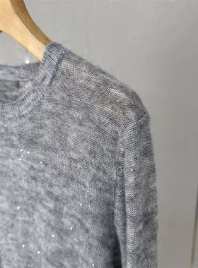 【现货封神穿搭】灰色亮闪闪针织衫女春秋宽松亮片针织衫百搭毛衣