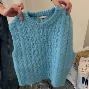 闭眼入穿搭！蓝色圆领麻花背心毛衣女冬季新款韩系宽松叠穿小马甲
