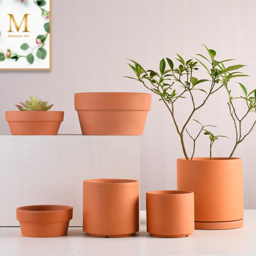 红陶直筒花盆透气吸水素烧陶土盆