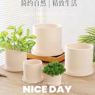 简约白色素烧陶土盆透气素胚有孔圆形花盆多肉植物盆栽陶盆带托盘