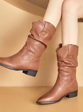 软皮短靴女靴子2025新款马丁靴女款春秋西部牛仔靴堆堆靴中筒靴