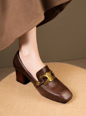 复古软皮高跟鞋女2025春秋新款软皮粗跟方头英伦小单鞋乐福鞋单鞋