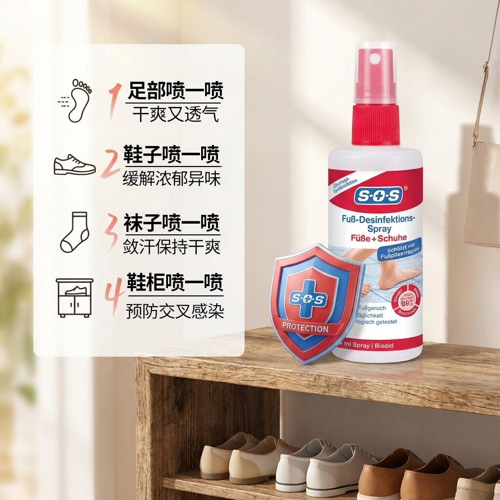 德国进口sos足部喷雾脱皮消毒鞋柜鞋袜皮鞋指甲除臭出汗艾斯汉斯