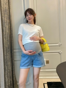 LeoMami 宽松显瘦设计感翻折A字热裤 孕妇牛仔短裤 薄款 辣妈 夏季