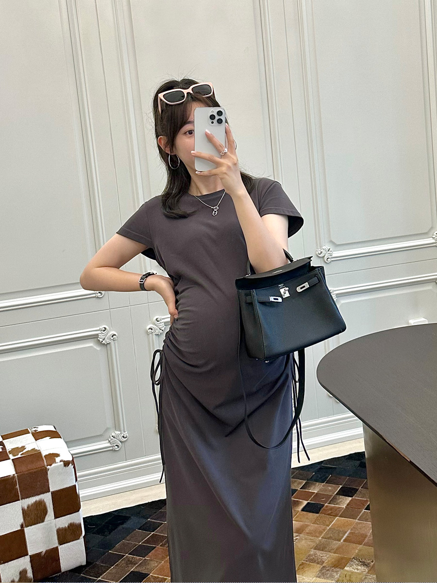 孕妇装夏款抽绳褶皱连衣裙长裙子
