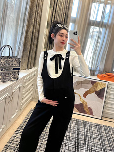 LeoMami孕妇裤春秋高级感坑条纹羊毛背带裤外穿宽松设计感阔腿裤