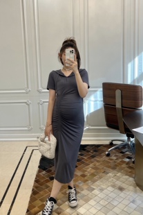 【LeoMami】高级感孕妇装夏薄款连帽修身弹力抽绳连衣裙开叉裙子