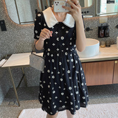 LeoMami 孕妇连衣裙夏黑色海军领收腰显瘦纯棉刺绣裙子学院风