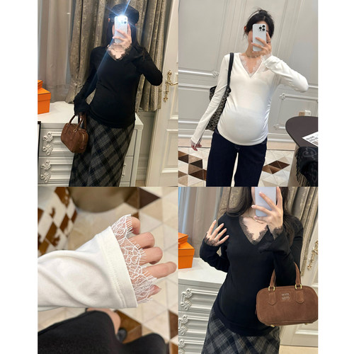 孕妇装秋蕾丝V领打底衫内搭上衣