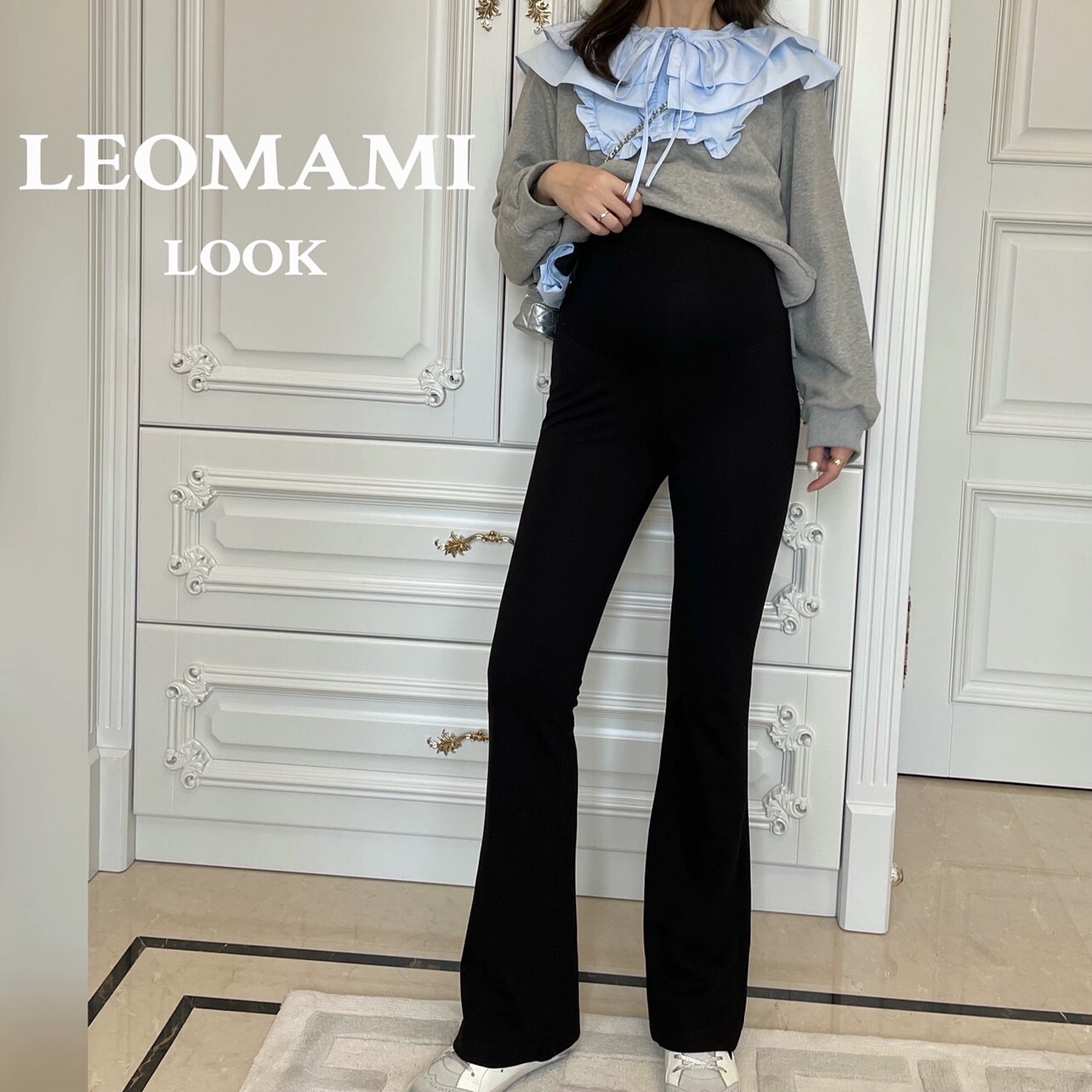 LeoMami孕妇裤秋冬外穿微喇叭裤修身黑色时尚垂感显瘦孕期托腹裤