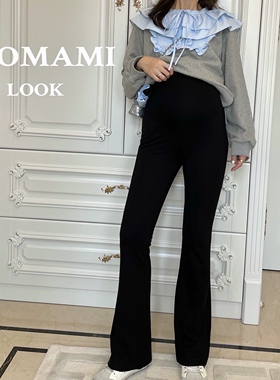 LeoMami孕妇裤春秋外穿微喇叭裤修身黑色时尚垂感显瘦孕期托腹裤