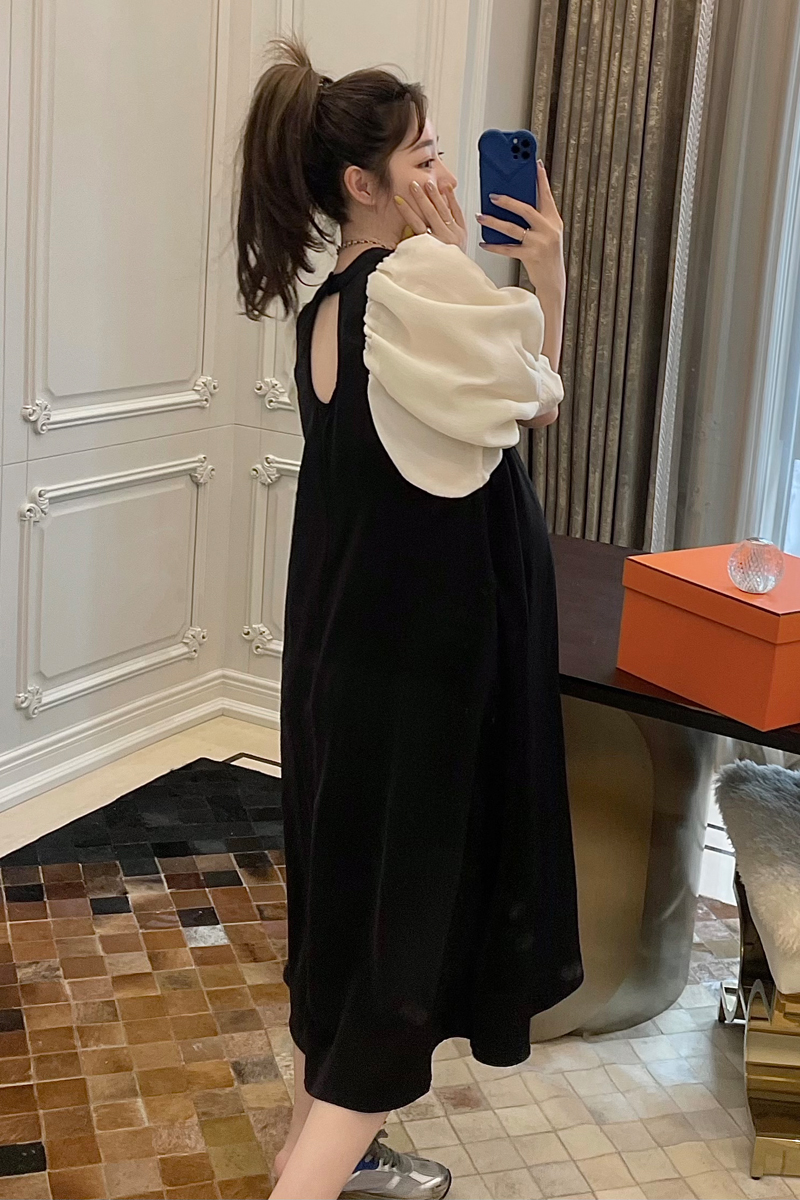 孕妇泡泡袖黑白拼接连衣裙漏背