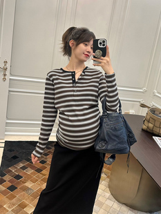 半开门襟纯欲风内搭T恤显瘦上衣 条纹针织打底衫 LeoMami孕妇装 秋款