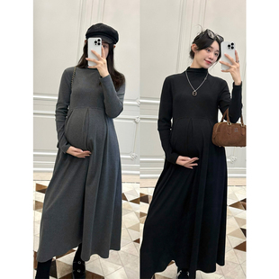 内搭裙子 气质抓绒半高领连衣裙弹力显瘦法式 LeoMami孕妇装 秋冬款