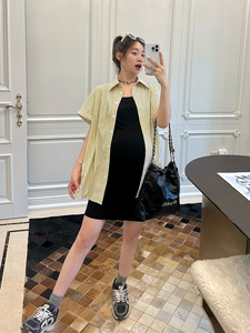 LeoMami孕妇装夏装条纹短袖衬衫中长款休闲宽松刺绣防晒开衫衬衣